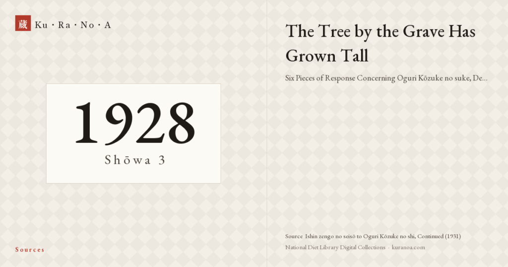 Year plate. The Tree by the Grave Has Grown Tall ―― Six Pieces of Response Concerning Oguri Kōzuke no suke, December, Shōwa 3